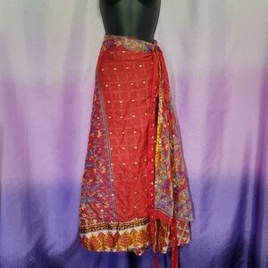 Wevez Red Gold Paisley Silk Blend Wrap Maxi Skirt Size OS